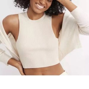 Aerie Rebel High Neck Ribbed Cropped Tank Top Cream/Tan Cotton Blend Size XL